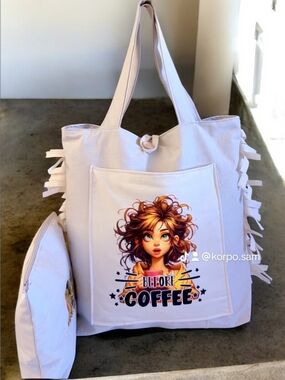 Cream Canvas Tote Bag with 'Before Coffee' Graphic
